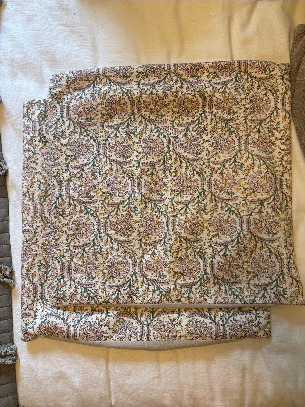 Floral Block Print Linen Cotton Pillow Covers (Set of 2) in Cream, Pink & Green
